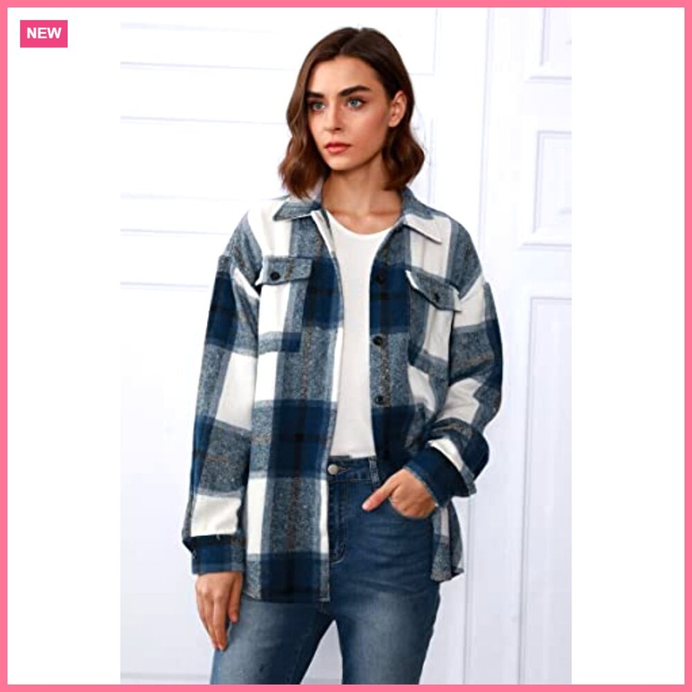 Polyester Flannel Shacket Plaid Button Down Long … - image 2